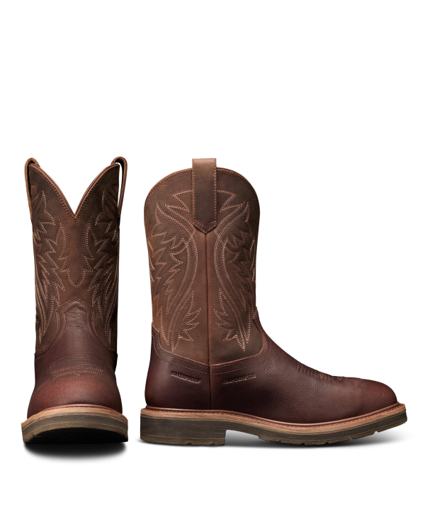 Pair view of The LH WP Round Comp Toe Work Boot - Tobacco Cowhide on plain background