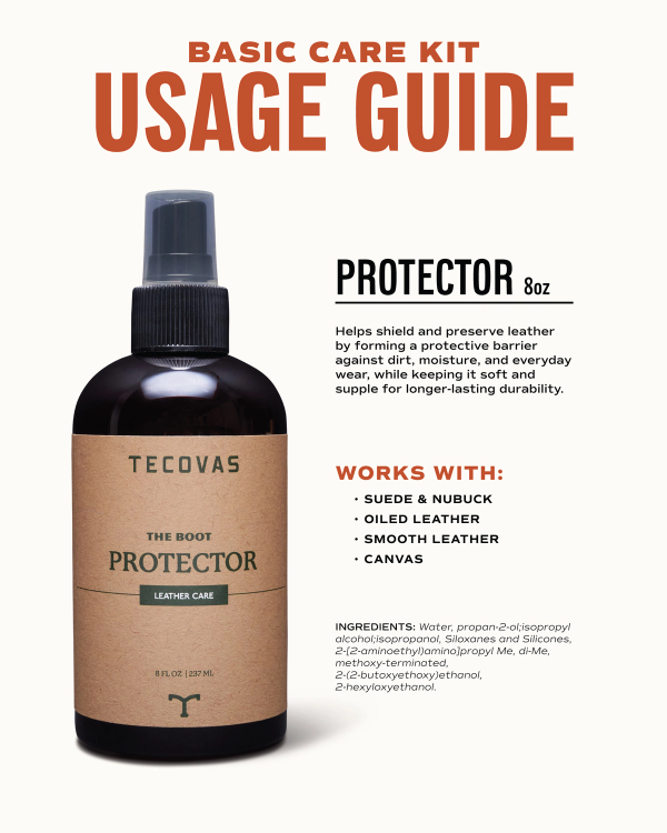 A bottle of Tecovas The Boot Protector spray, 8 oz, for protecting suede, nubuck, leather, and canvas, shown with product details, usage guide, and ingredient list.