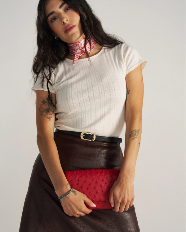 View of Ostrich Flap Shoulder Bag - Barn Red