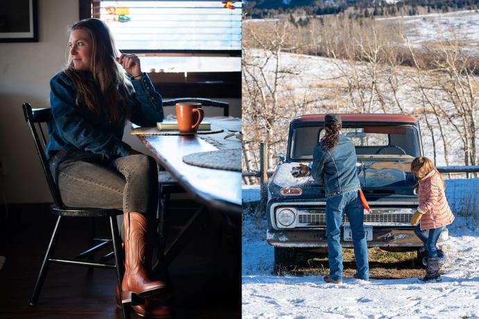 Split image of Malou wearing The Jamie from Tecovas on the left and Dre working on their pickup truck with Hassel on the right