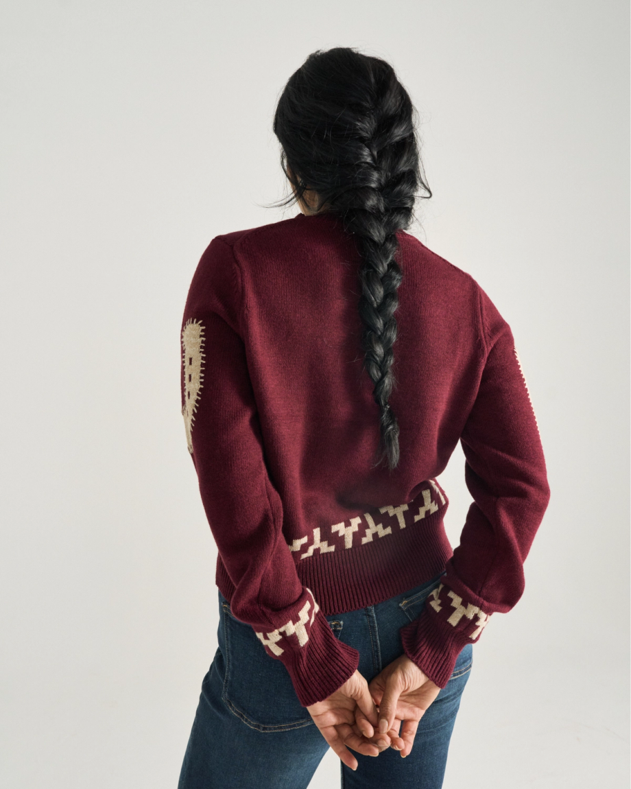 Back view of Women's Crew Neck Lucky Boots Sweater - Burgundy on model