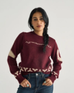 Front view of Women's Crew Neck Lucky Boots Sweater - Burgundy on model