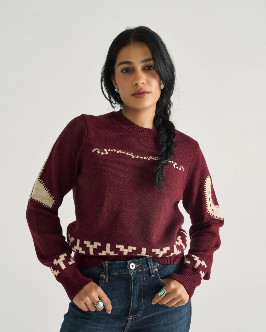 Front view of Women's Crew Neck Lucky Boots Sweater - Burgundy on model