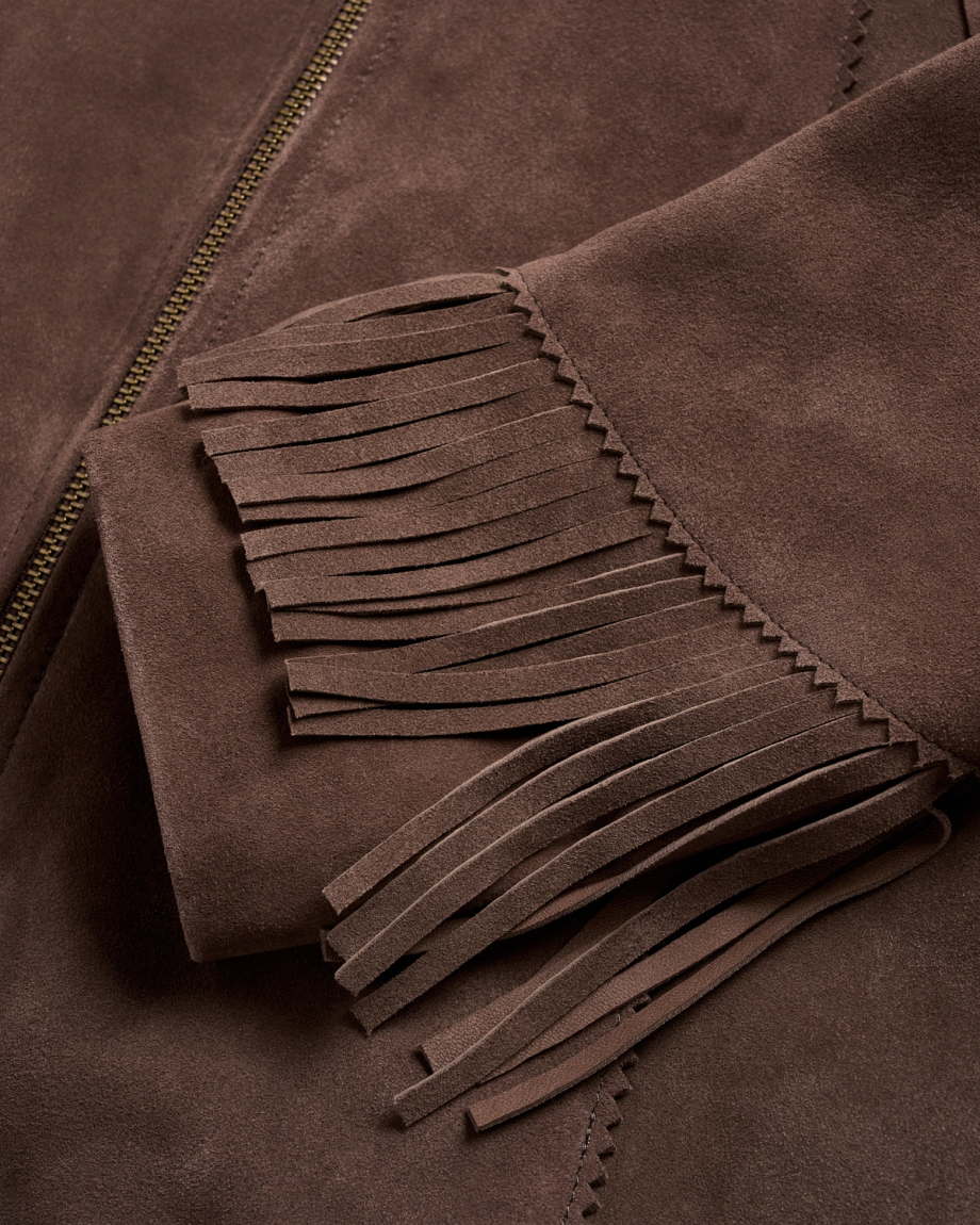 Closeup detail view of Women's Suede Fringe Jacket - Chocolate Brown