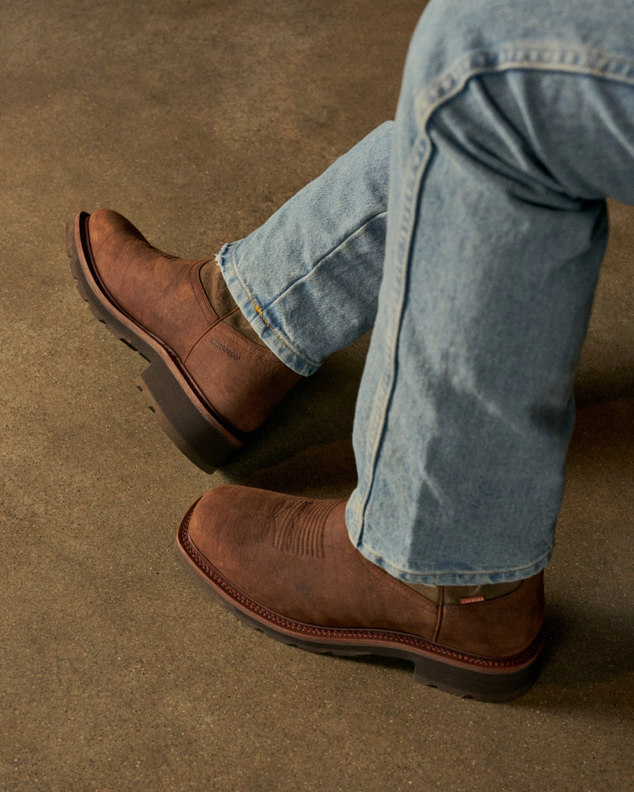 Toe view of LongHaul Waterproof Square Soft Toe Work Boot - Rust Cowhide on plain background