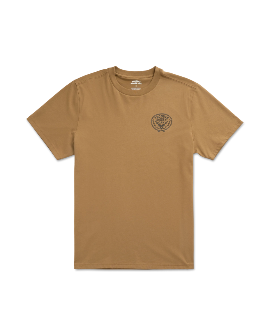 Front view of Men's Tecovas x Mossy Oak Cowboys & Deer T-Shirt - Olivewood on plain background