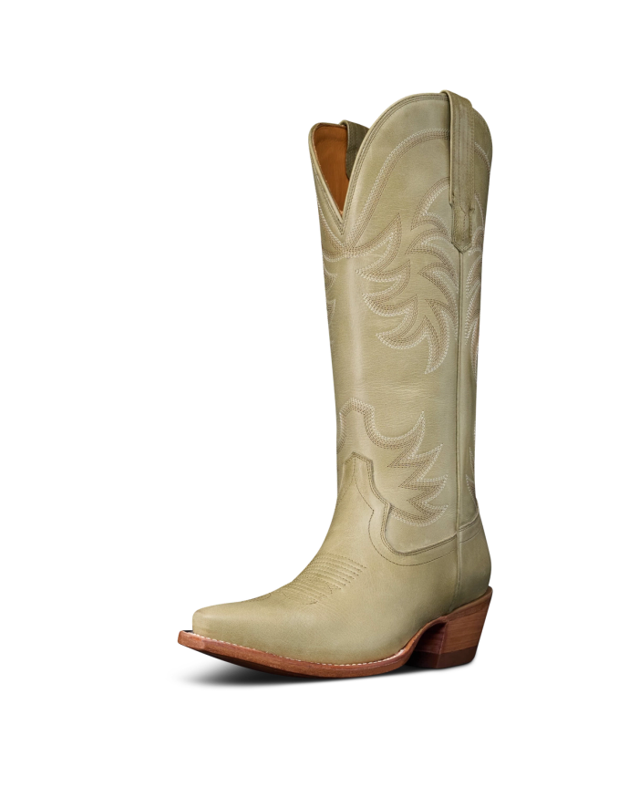 Quarterfront view of The Annie - Light Sage Cowhide on plain background