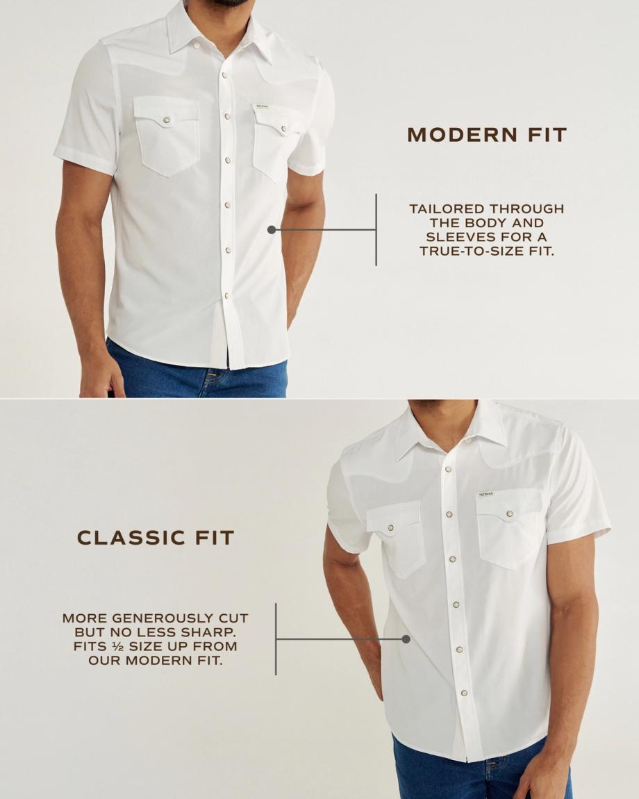 Two men wear white short-sleeve shirts. Top: Modern fit, tailored through body and sleeves. Bottom: Classic fit, more generously cut, fits ½ size up from modern fit.