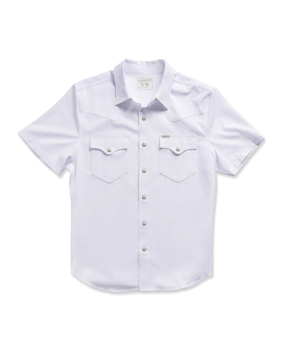 Closeup detail view of Men's Performance Western Pearl Snap SS - White