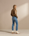 Back view of Women's Crew Neck Lucky Boots Sweater - Brown Heather/Oatmeal on model