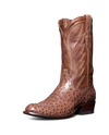 A single brown cowboy boot with a textured pattern on the lower part and ornate stitching on the shaft, displayed against a black background.