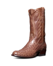 A single brown cowboy boot with a textured pattern on the lower part and ornate stitching on the shaft, displayed against a black background.