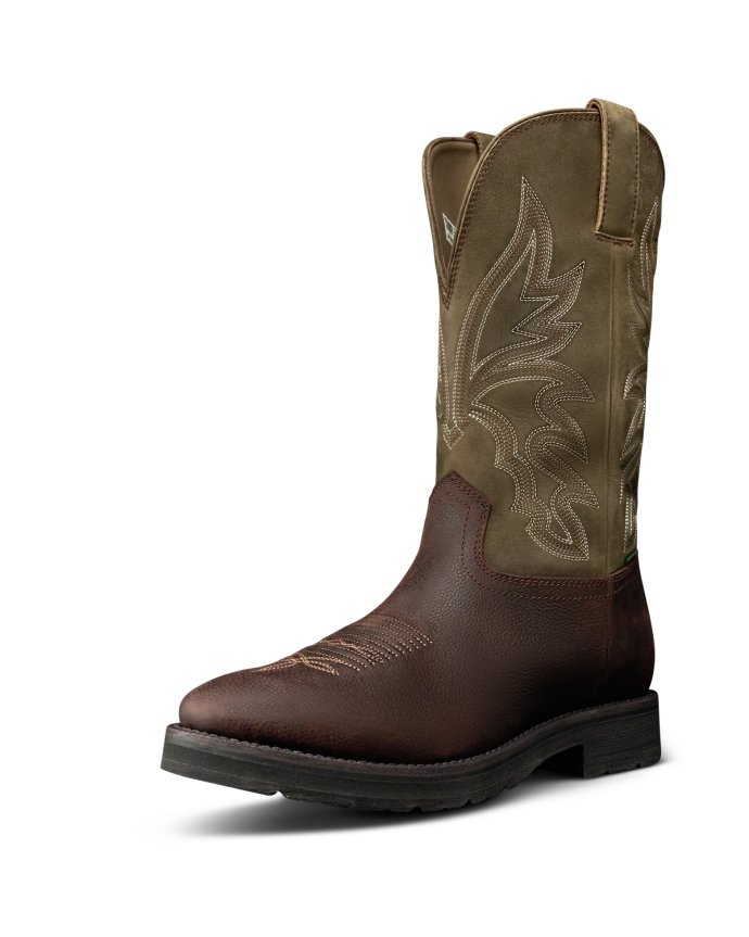 Quarterfront view of The Rugged Round Toe - Umber / Sage Cowhide on plain background