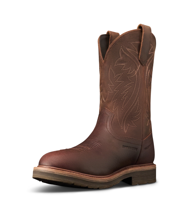Quarterfront view of The LH WP Round Comp Toe Work Boot - Tobacco Cowhide on plain background