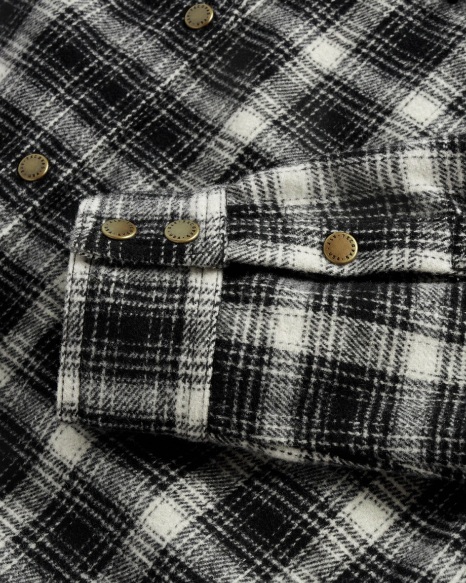 Closeup detail view of Women's Plaid Fringe Shacket - Black / White