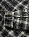 Closeup detail view of Women's Plaid Fringe Shacket - Black / White