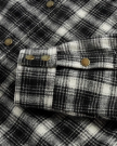 Closeup detail view of Women's Plaid Fringe Shacket - Black / White