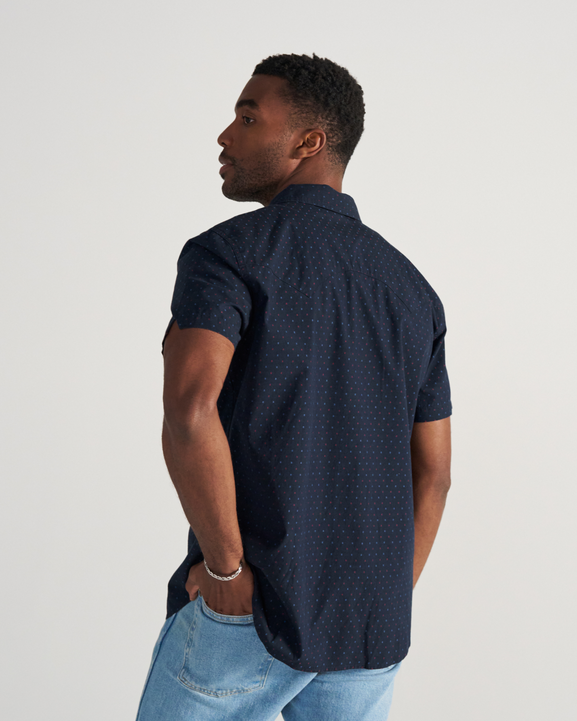 Closeup detail view of Men's Star Stitch Pearl Snap - Navy