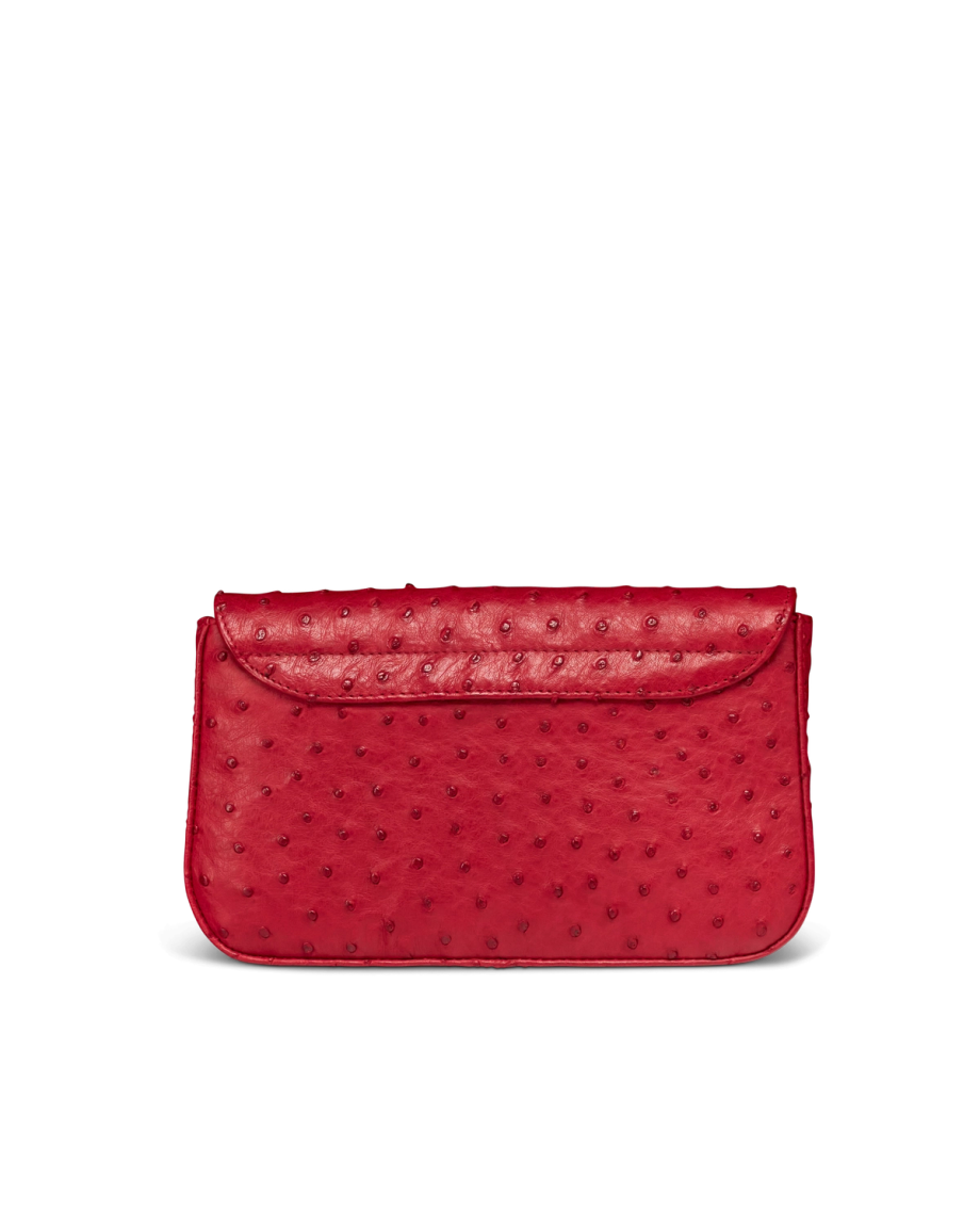 Back view of Ostrich Flap Shoulder Bag - Barn Red on plain background