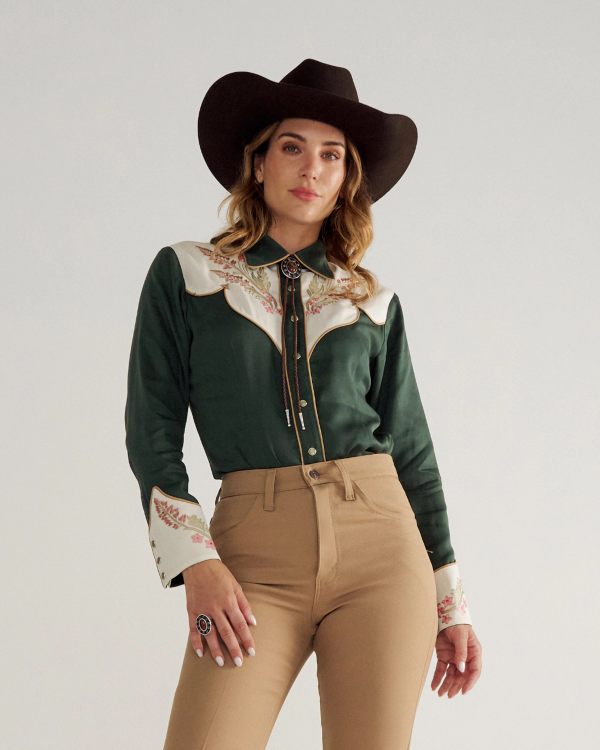 Front view of Women's Tecovas X H Bar C Birthday X Shirt - Green on model