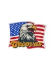 An illustration of an American flag with a bald eagle’s head in front, and the word "Tecovas" in yellow script across the bottom.