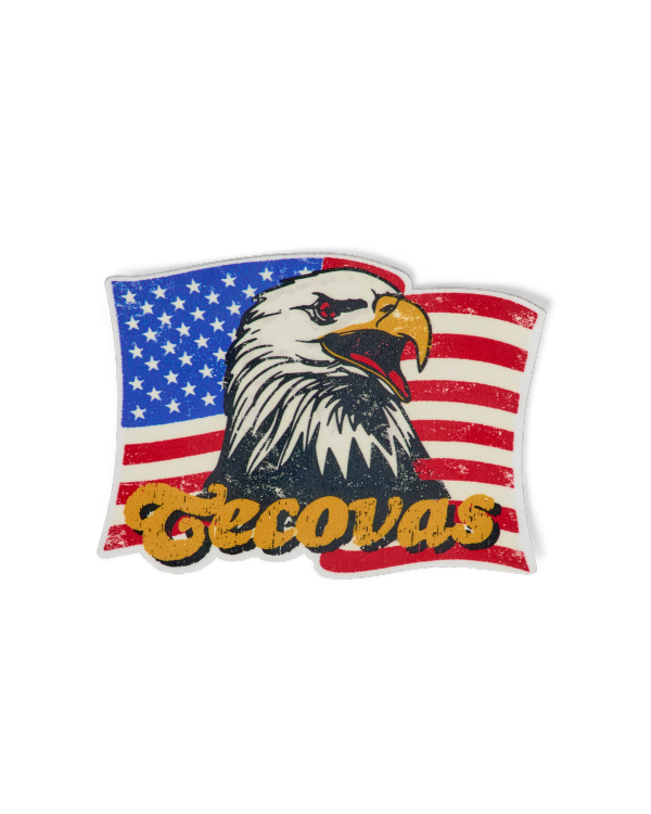 An illustration of an American flag with a bald eagle’s head in front, and the word "Tecovas" in yellow script across the bottom.