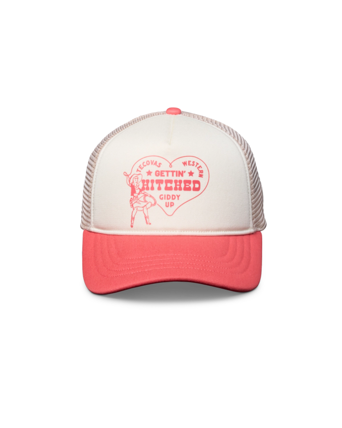 Front view of Gettin' Hitched Trucker - White / Orange on plain background