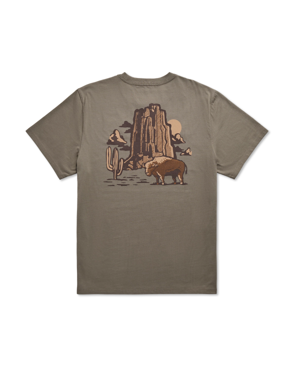 Back view of Men's Bison Landscape T-Shirt - Smokey Olive on plain background