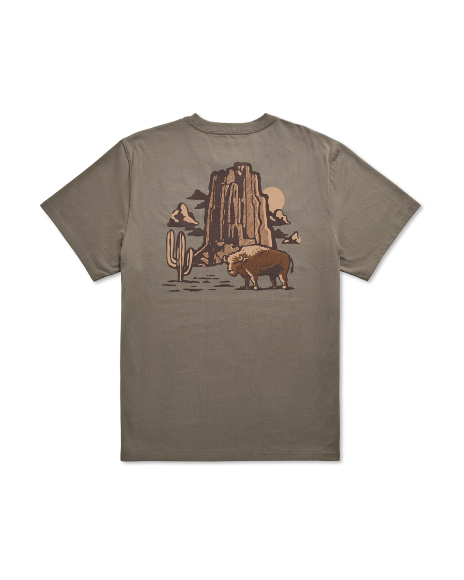 Back view of Men's Bison Landscape T-Shirt - Smokey Olive on plain background