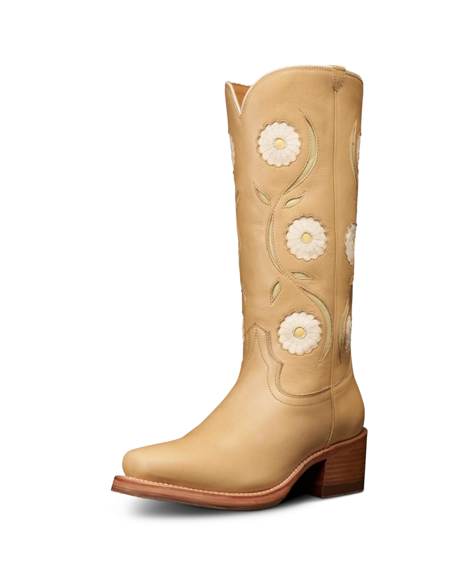 Quarterfront view of The Charlie Bloom - Pale Yellow Cowhide on plain background