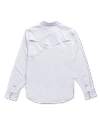 Back view of a long-sleeve white dress shirt with buttoned cuffs on a black background.