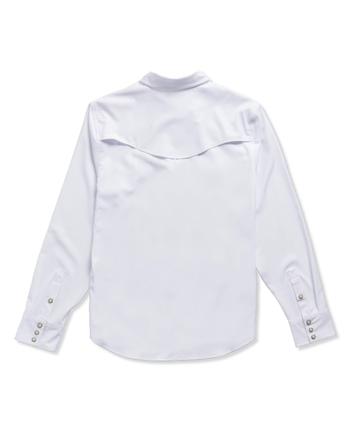 Back view of a long-sleeve white dress shirt with buttoned cuffs on a black background.