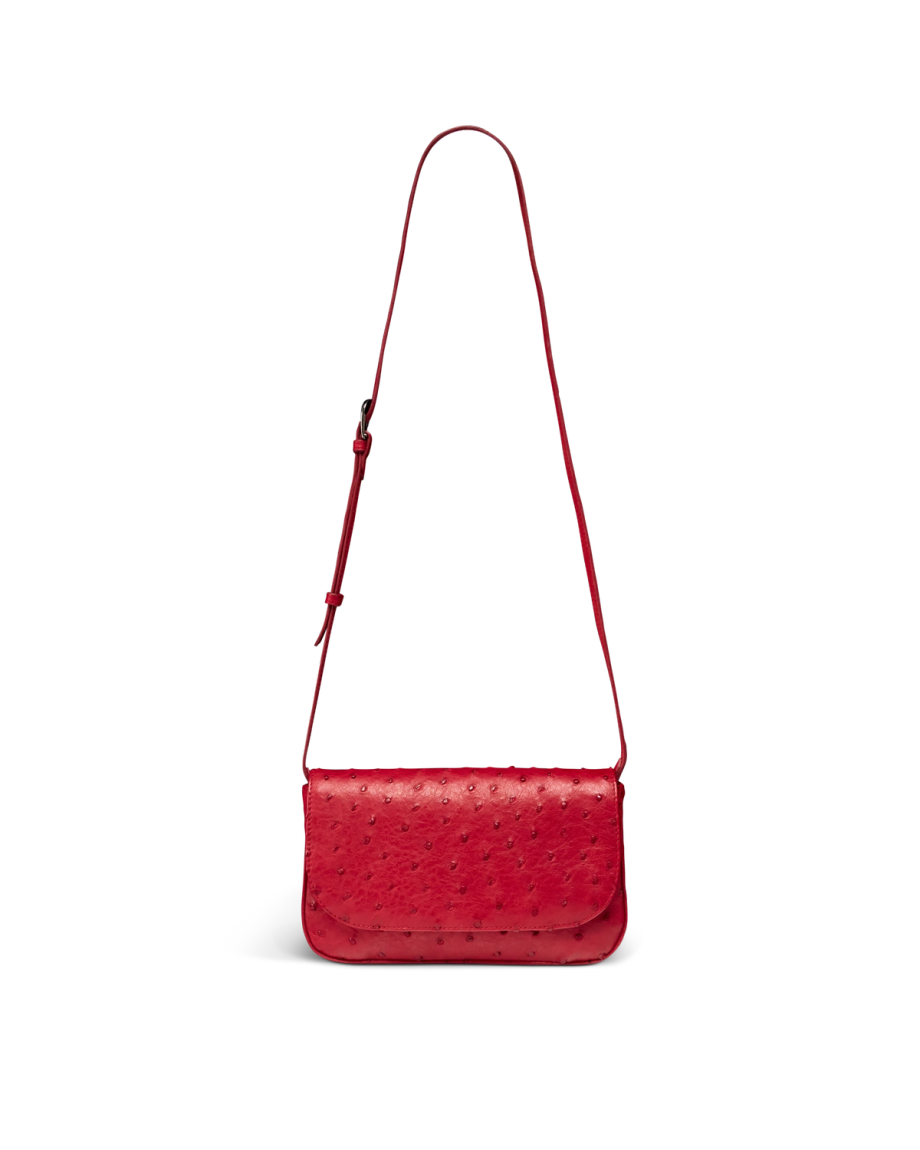 Front view of Ostrich Flap Shoulder Bag - Barn Red on plain background