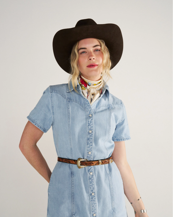 Closeup detail view of Women's Short Sleeve Mini Pearl Snap Dress - Light Wash