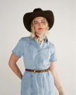 Closeup detail view of Women's Short Sleeve Mini Pearl Snap Dress - Light Wash