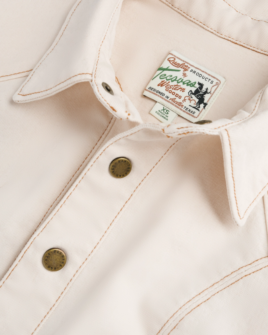 Closeup detail view of Women's L/S Natural Denim Midi Dress - Natural