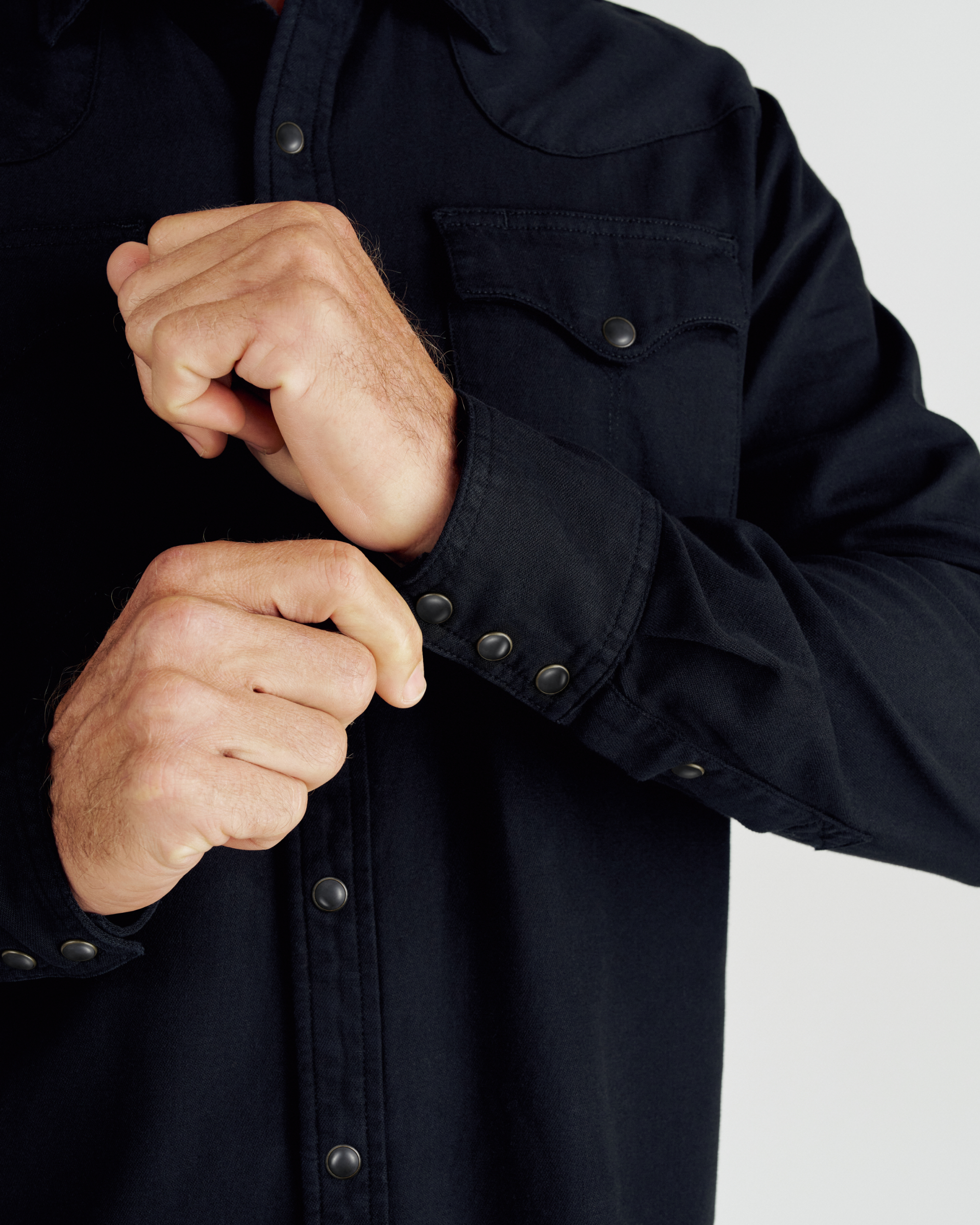 Closeup detail view of Men's Denim Long Sleeve Pearl Snap - Black