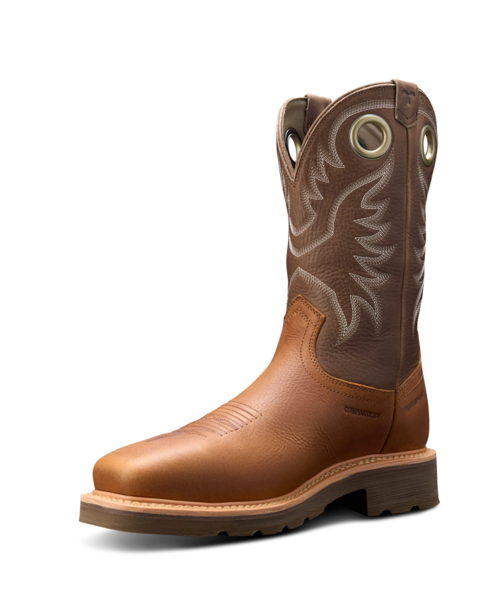 Quarterfront view of LongHaul Waterproof Square Composite Toe Work Boot - Saddle / Fossil on plain background