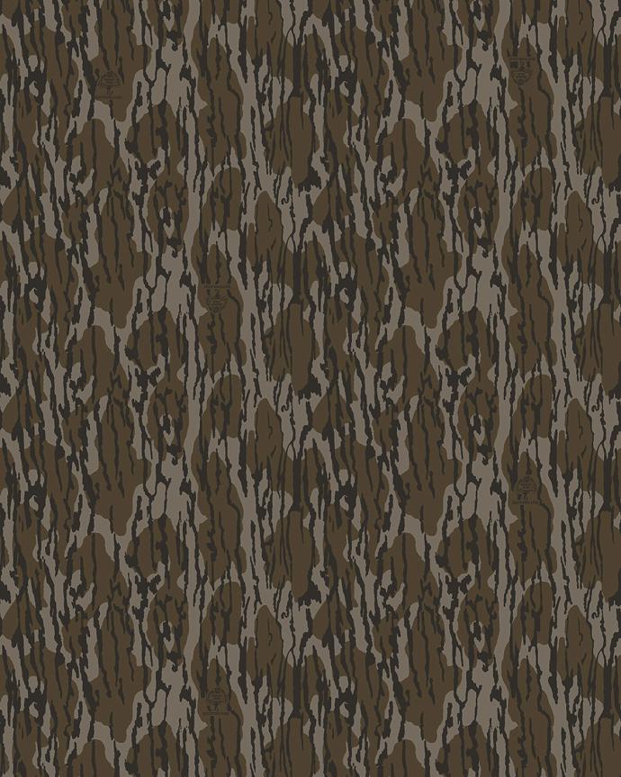 A seamless camouflage pattern featuring irregular brown, black, and gray shapes resembling tree bark or forest terrain.