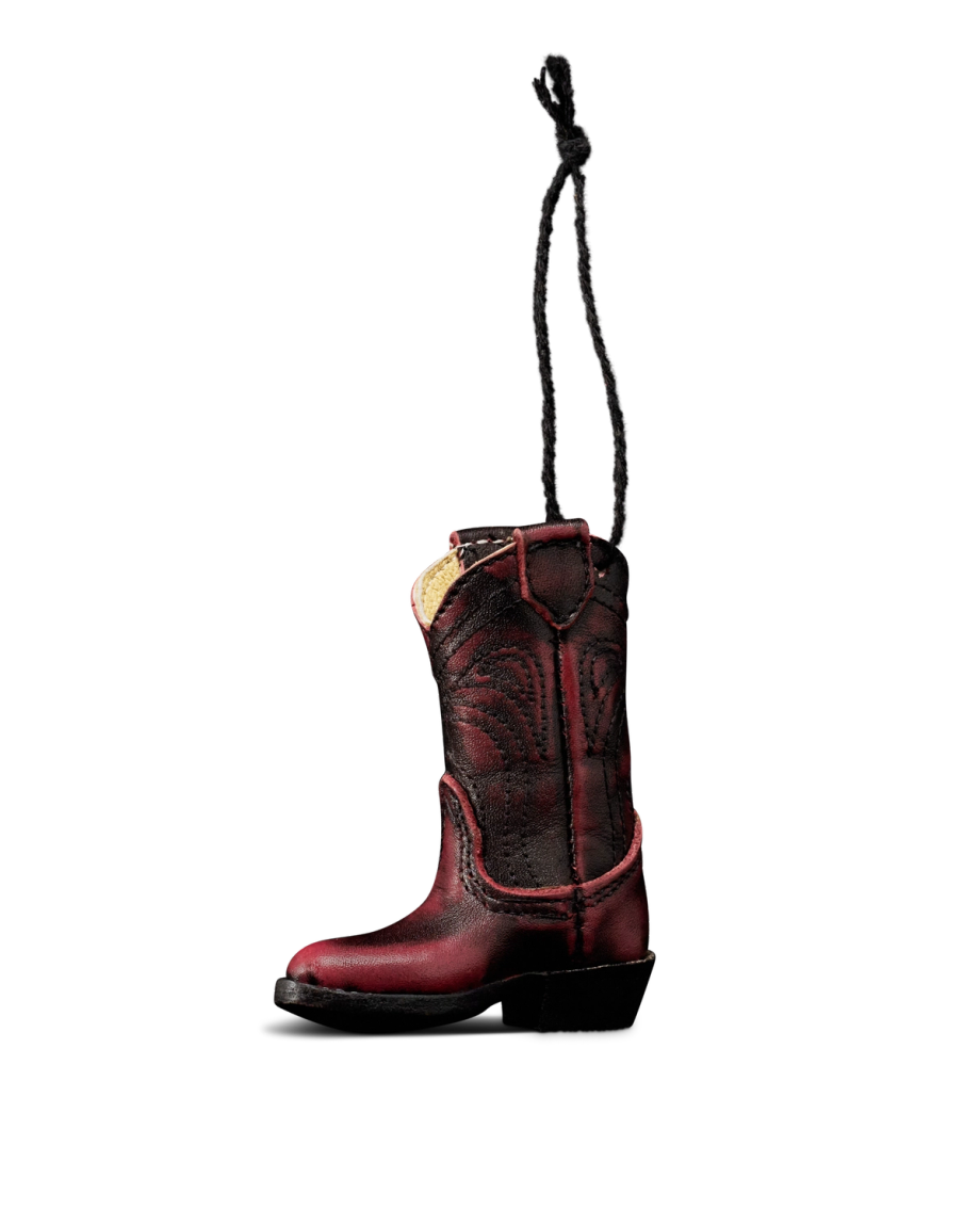 Quarterfront view of Cartwright Boot Ornament - Black Cherry on plain background