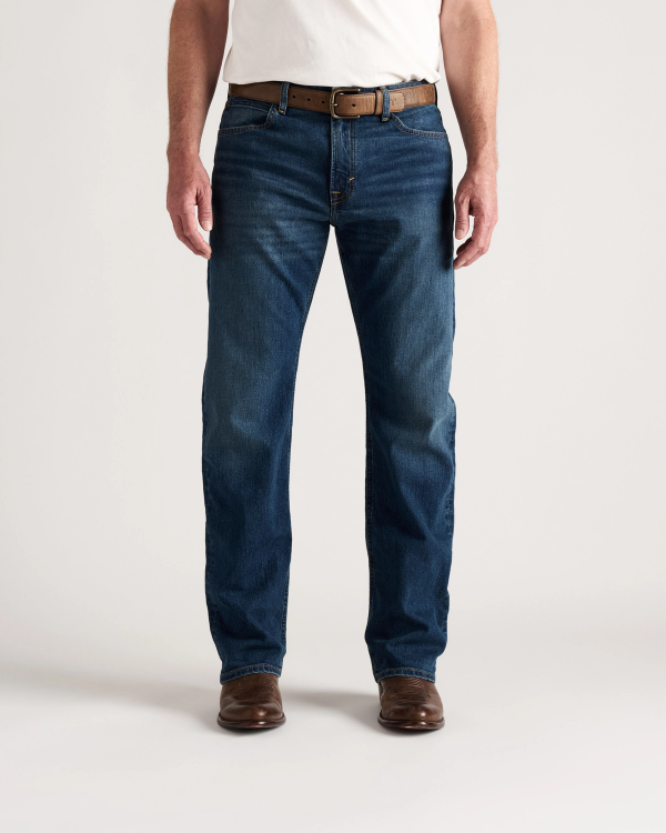 Front view of Men's Straight Stretch Denim - Medium Dark on model