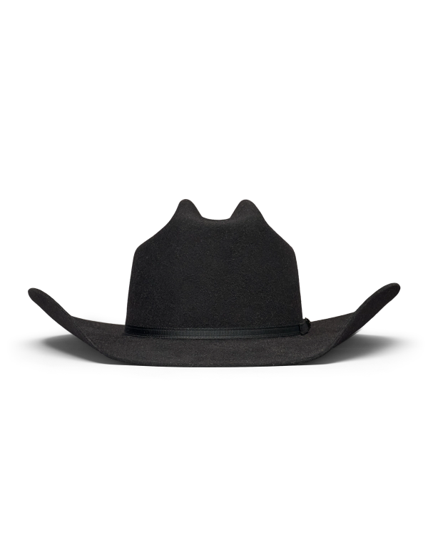 Black felt cowboy hat with a wide, upturned brim and a thin hatband, shown against a plain white background.