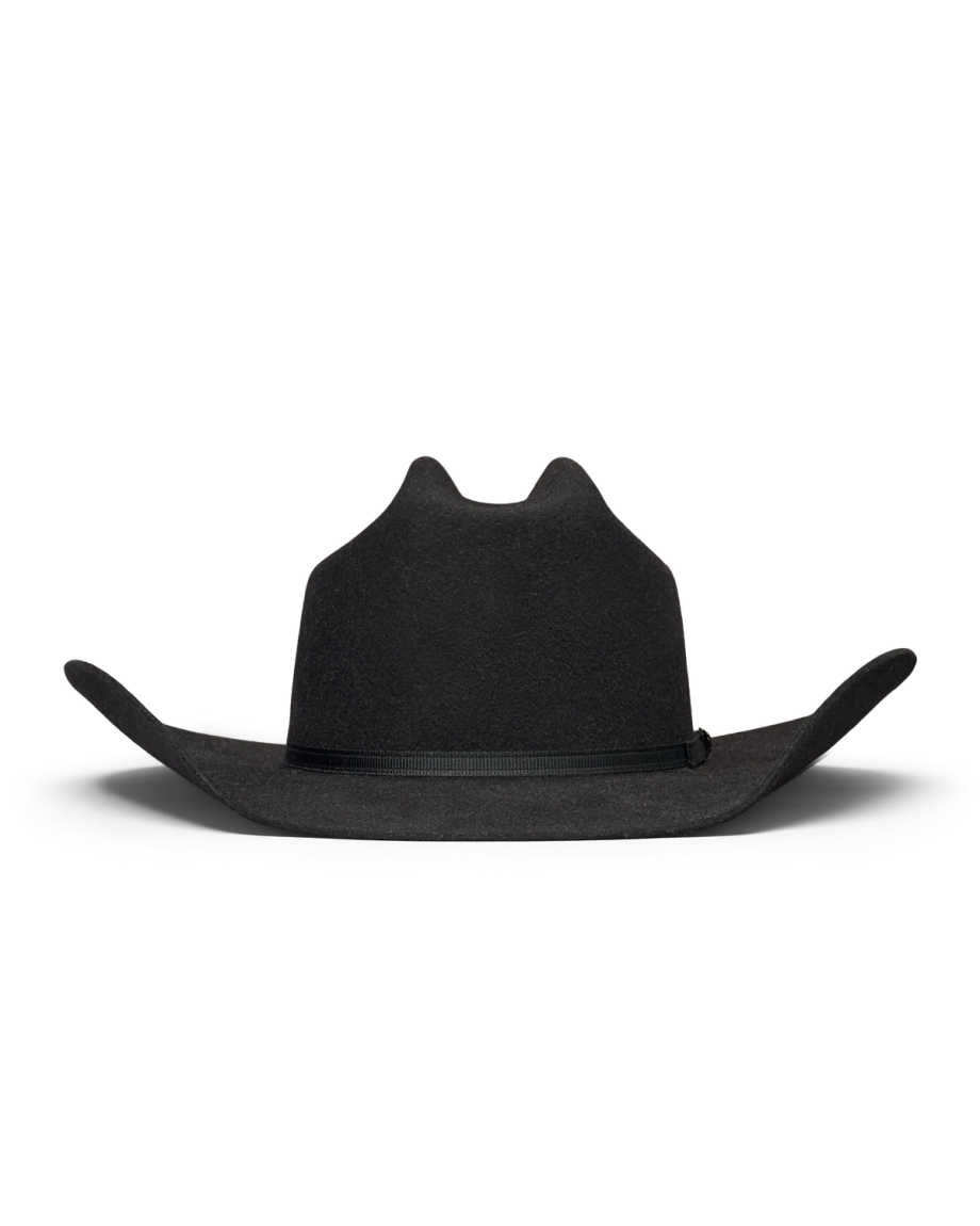 Black felt cowboy hat with a wide, upturned brim and a thin hatband, shown against a plain white background.