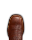 The Doc in Burnt Umber / Blue Cowhide. Close-up of the toe of a square-shaped brown leather boot crafted from premium cowhide in Burnt Umber, featuring visible stitching around the edge.