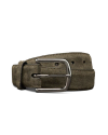 A rolled-up taupe suede belt with a silver metal buckle, displayed against a plain white background.