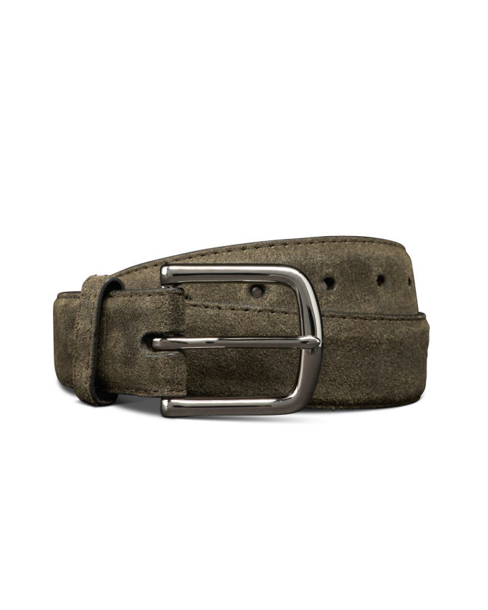 A rolled-up taupe suede belt with a silver metal buckle, displayed against a plain white background.