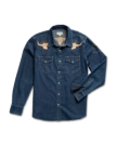 Dark denim long-sleeve shirt with a button-up front and embroidered deer and cow skull designs on the shoulders.