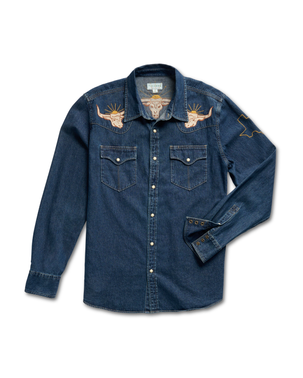 Dark denim long-sleeve shirt with a button-up front and embroidered deer and cow skull designs on the shoulders.