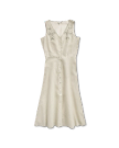 Front view of Women's Eyelet Linen Midi Dress - Green / White on plain background