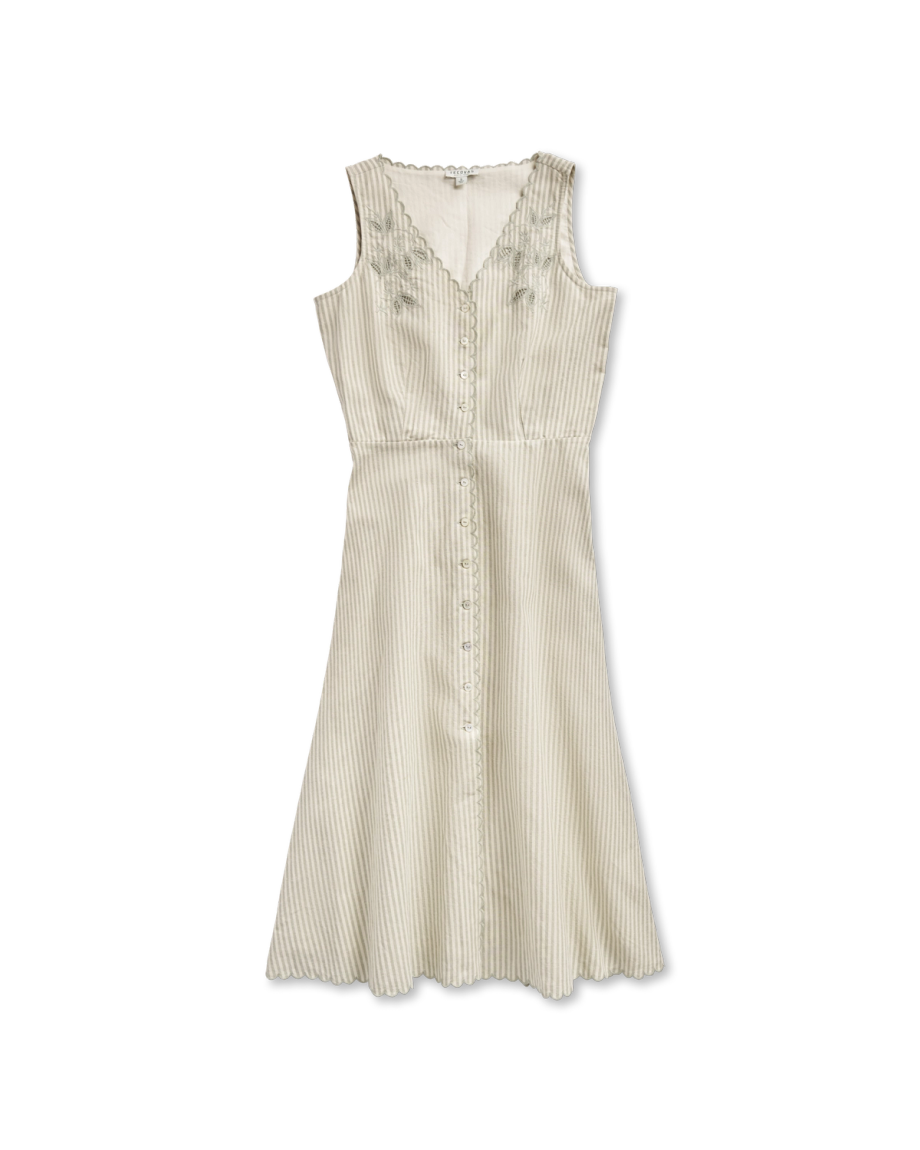 Front view of Women's Eyelet Linen Midi Dress - Green / White on plain background